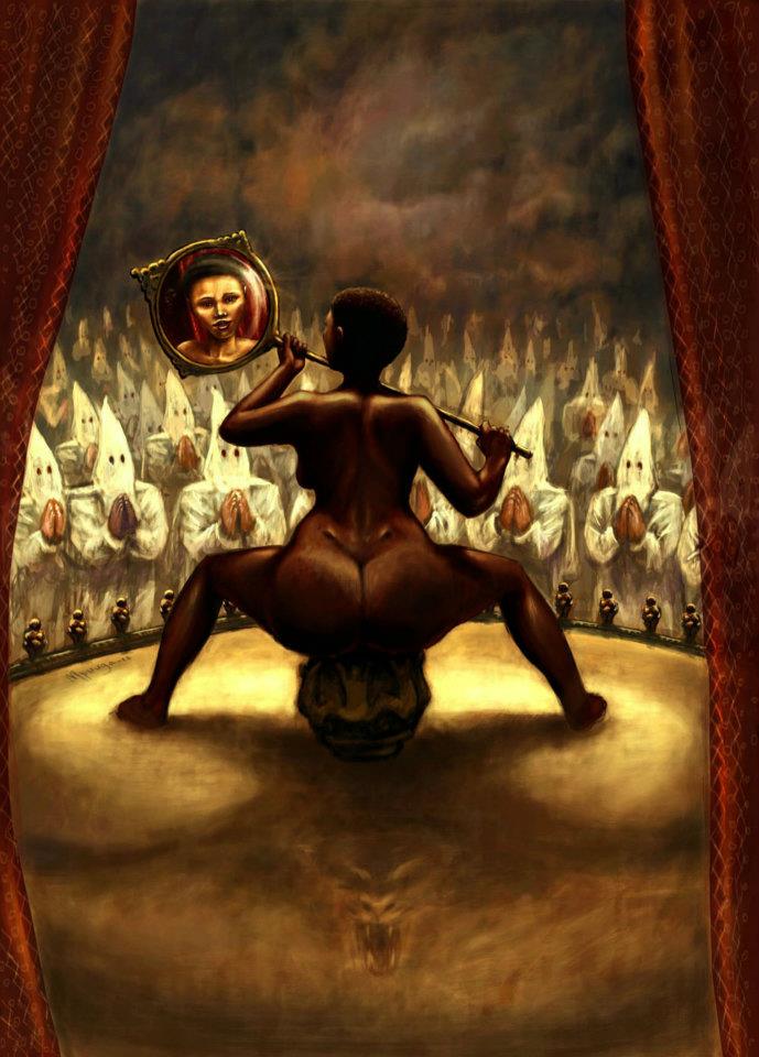 This disturbing yet stunning painting was created by the extraordinarily talented Cape Town artist, Frederick Mpuuga, and is an artistic interpretation of the'Hottentot Venus's' life as viewed through the lens of subsequent history.